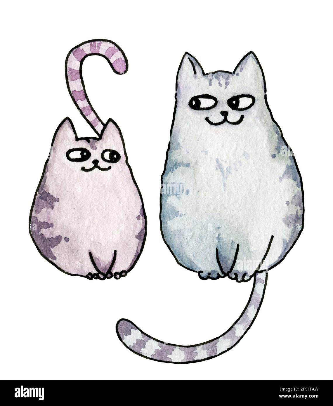 Aquarell zwei lustige Kätzchen, Handzeichen, süße gestreifte Katzen auf weißem Hintergrund Stockfoto