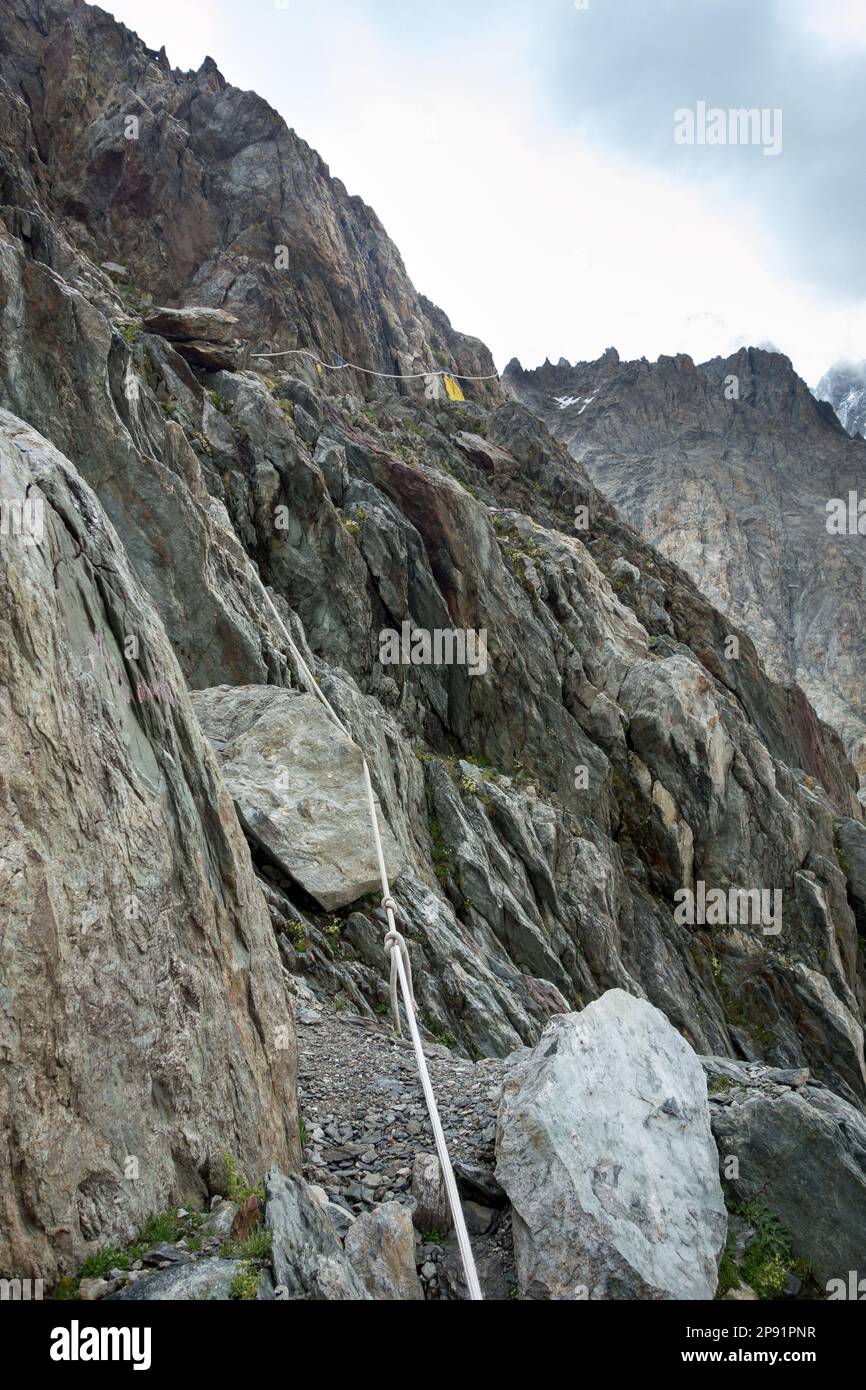 Blick auf den Miage-Gletscher und das Monte Bianco-Massiv. Eintritt zum Mont Blanc. Italienische Normale Route. Gouter Route. Stockfoto