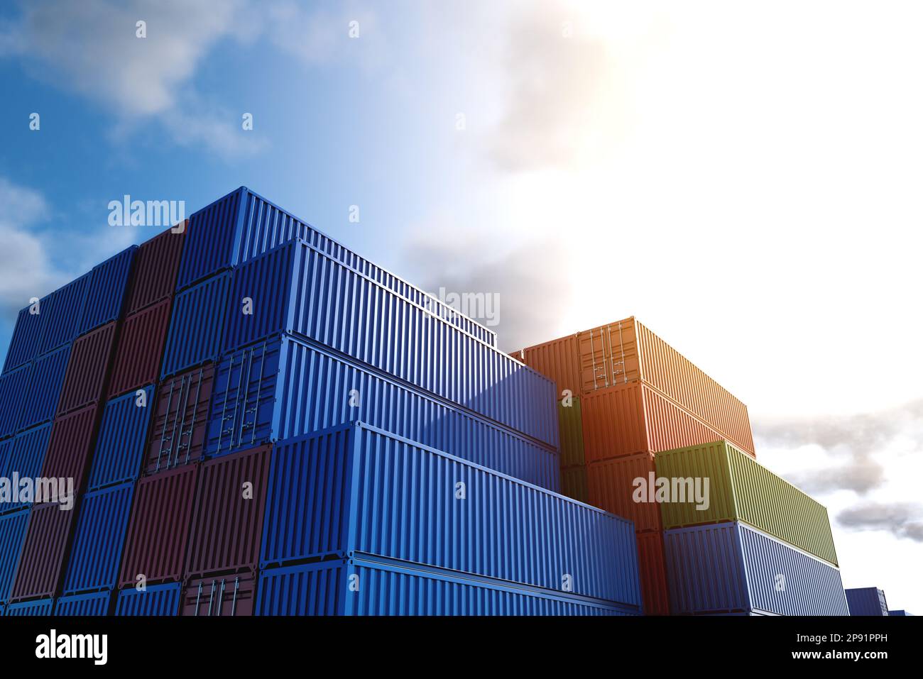 Lager gestapelter Standardcontainer für Fracht zur vorübergehenden Lagerung, zum Be- und Entladen und zum Sortieren am Containerpunkt. Eine Menge mehrfarbiger CO Stockfoto