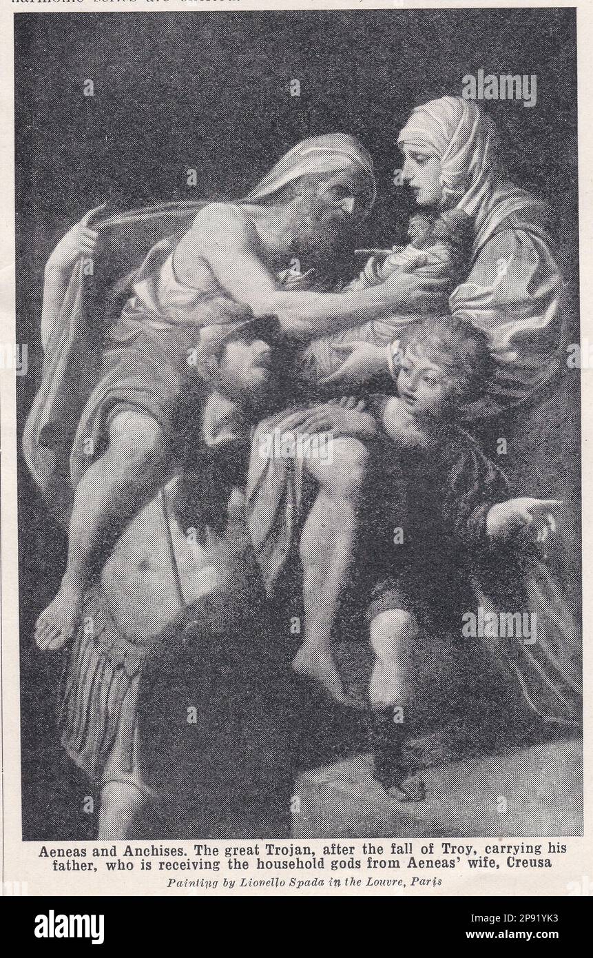 Aeneas und Anchises - der große Trojaner, nach dem Sturz Trojas, trägt seinen Vater, der die Hausgötter von Aeneas Frau Creusa empfängt. Stockfoto