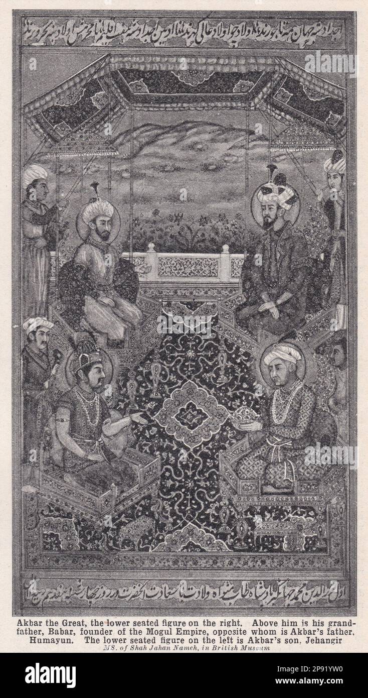 Akbar der große, Babar, der Gründer des Mogul-Reiches, Humayn und Akbars Sohn Jehangir. Stockfoto