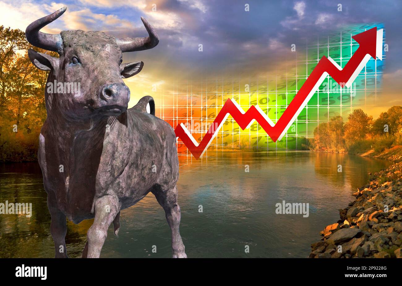 Symbolisches Image, Bullen, Bullenmarkt, steigende Börsenkurse, Dax, Börsenhandel, Geldentwicklung, Börsenhandel, Weltwirtschaftsgeld, Finan Stockfoto