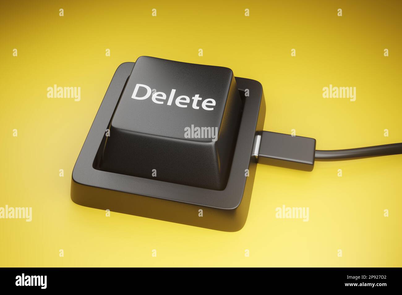Schwarze Entf-Taste einer Tastatur auf gelbem Hintergrund. Veranschaulichung des Konzepts der Entfernung und Zerstörung Stockfoto