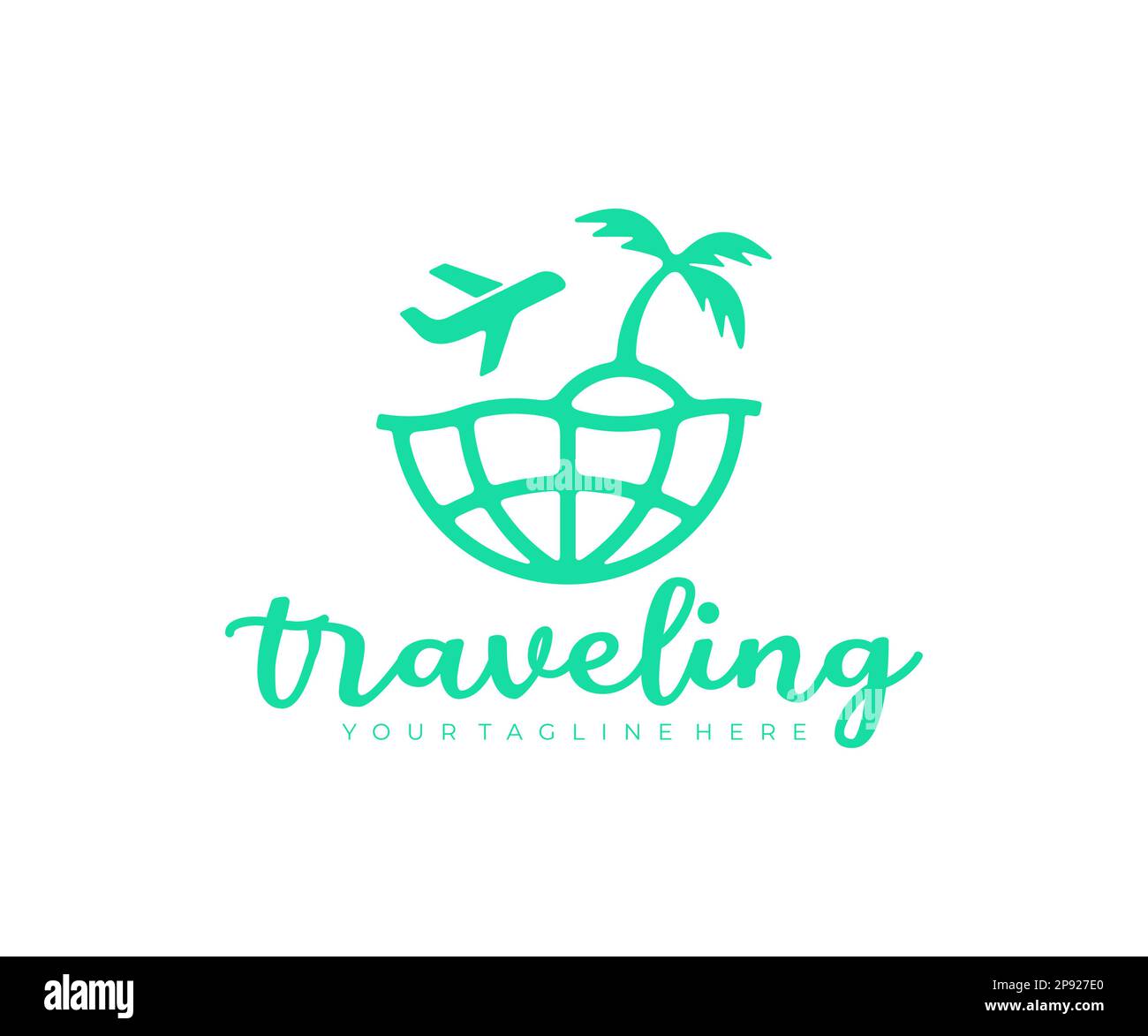 Planet, Erde, Insel mit Palmen und Flugzeug, Reise, Logo-Design. Reisen, Reisen, Reisebüros, Erholung, Natur und Pflanzen, vektorkonstruktion Stock Vektor