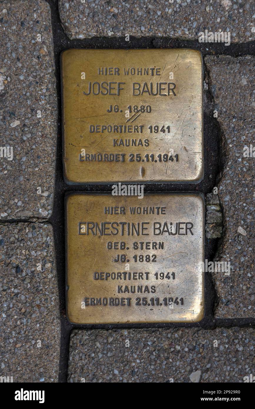 Stolperstein, Kupferdenkmäler ermordeter jüdischer Mitbürger während der Nazizeit, Erlangen, Mittelfrankreich, Bayern, Deutschland Stockfoto