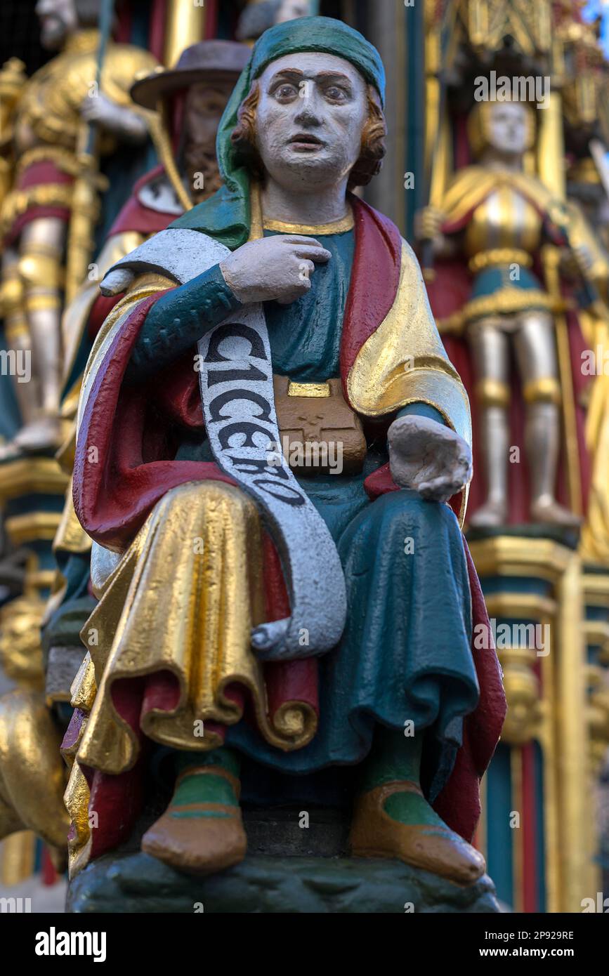 Figur am wunderschönen Brunnen: Marcus Tullius Cicero, Marktplatz, Nürnberg, Mittelfrankreich, Bayern, Deutschland Stockfoto