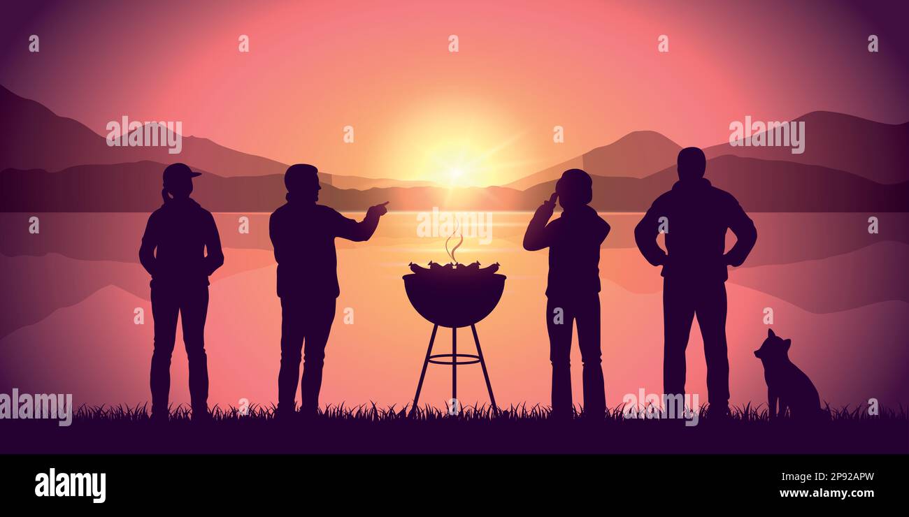 barbecue mit Freunden am See mit Blick auf die violette Landschaft bei Sonnenuntergang Stock Vektor