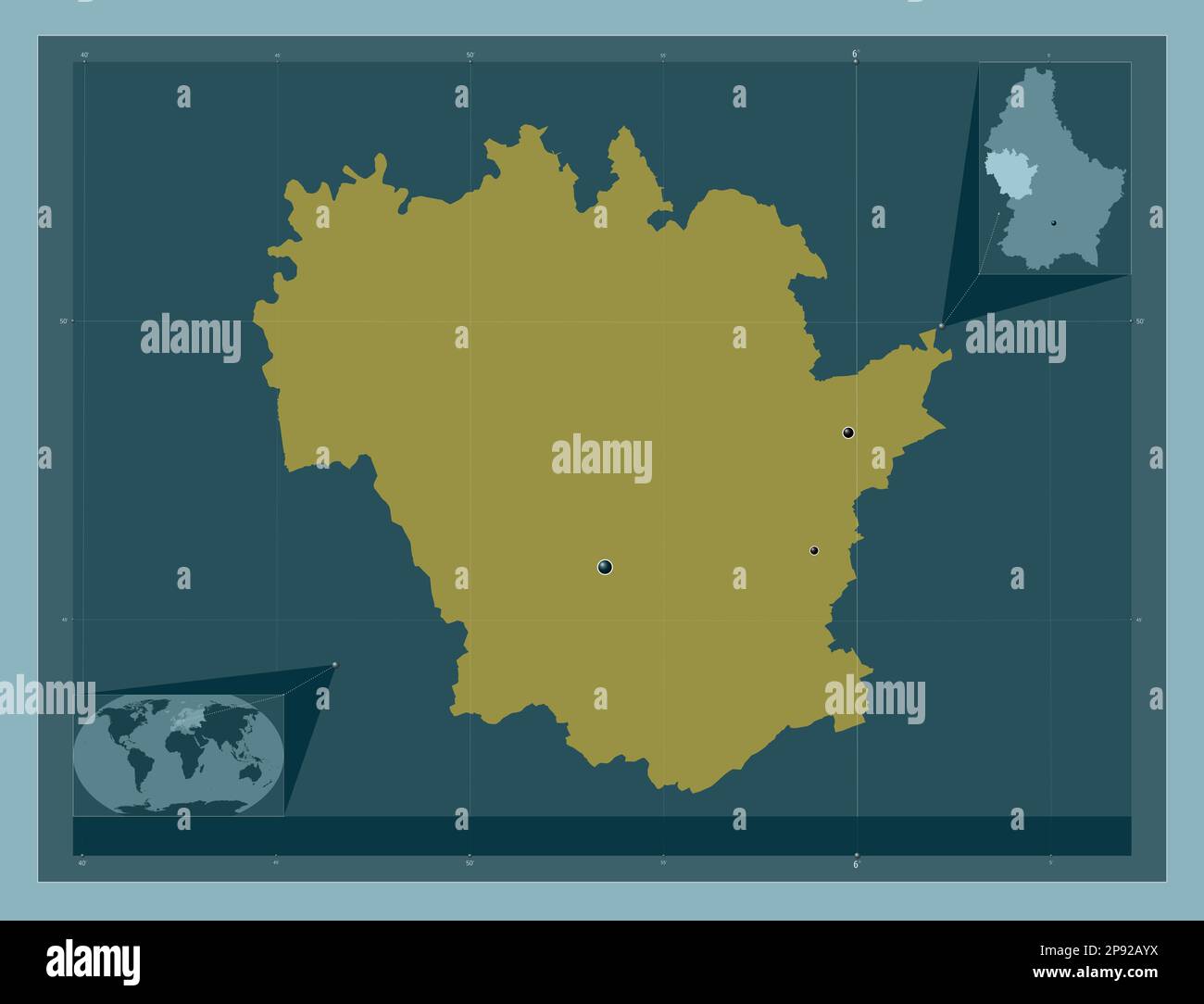 Kanton Redange, Kanton Luxemburg. Durchgehende Farbform. Standorte der wichtigsten Städte der Region. Eckkarten für zusätzliche Standorte Stockfoto