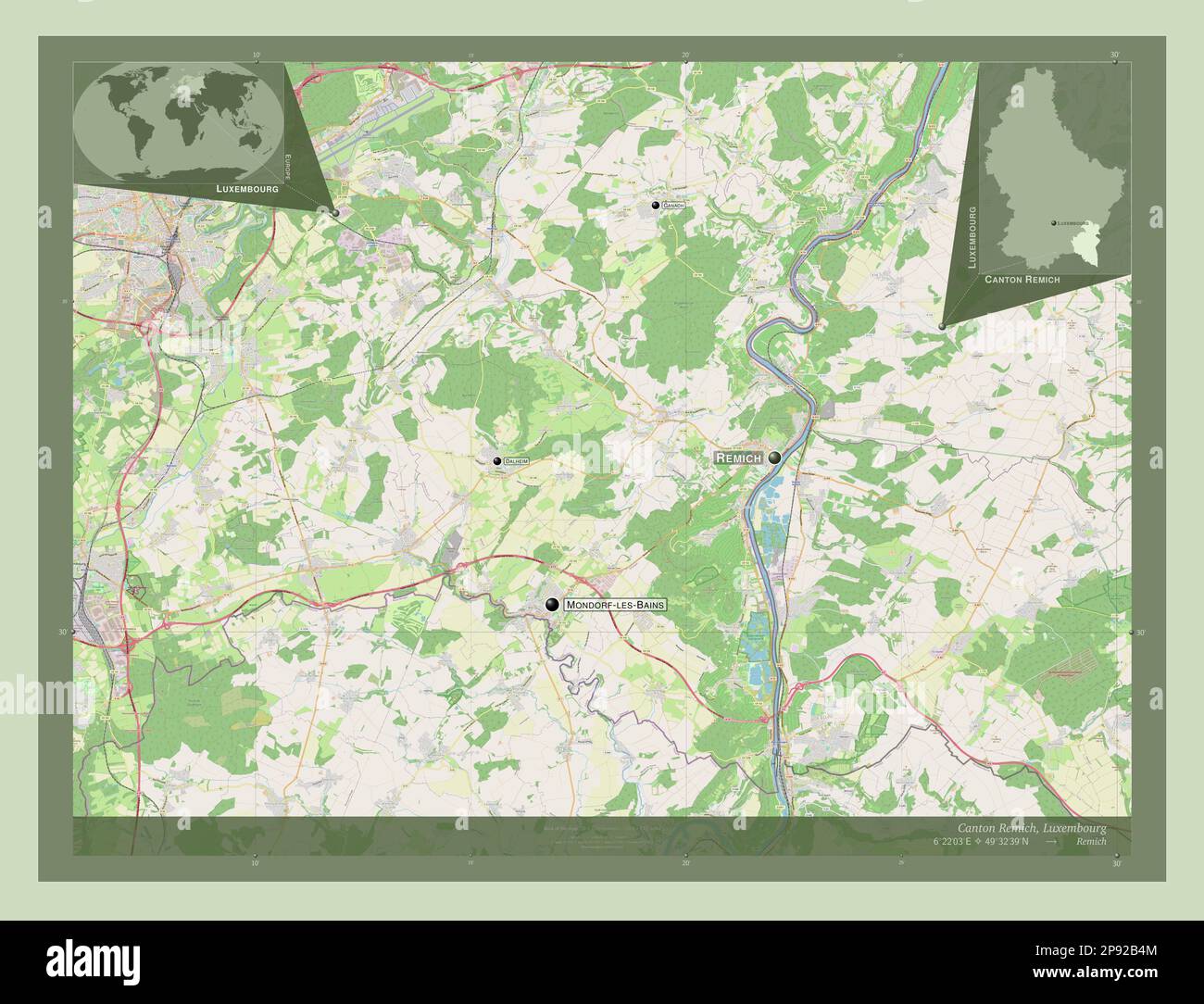 Kanton Remich, Kanton Luxemburg. Straßenkarte Öffnen. Standorte und Namen der wichtigsten Städte der Region. Eckkarten für zusätzliche Standorte Stockfoto