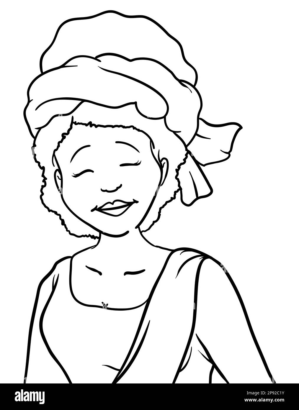 Afrikanische Frau mit fröhlicher Geste, Turban und traditionellem Kleid mit Schärpe. Hochformat in Konturen auf weißem Hintergrund. Stock Vektor