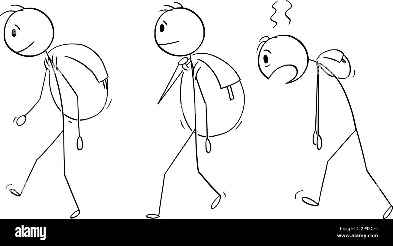 Erschöpfte Person in schlechtem Zustand auf Trip, Vector Cartoon Stick Abbildung Stock Vektor