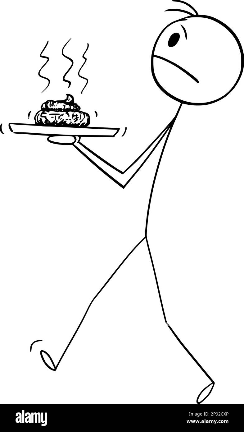 Kellner serviert Exkremente oder Fäkalien, Vektor Cartoon Stäbchen-Illustration Stock Vektor