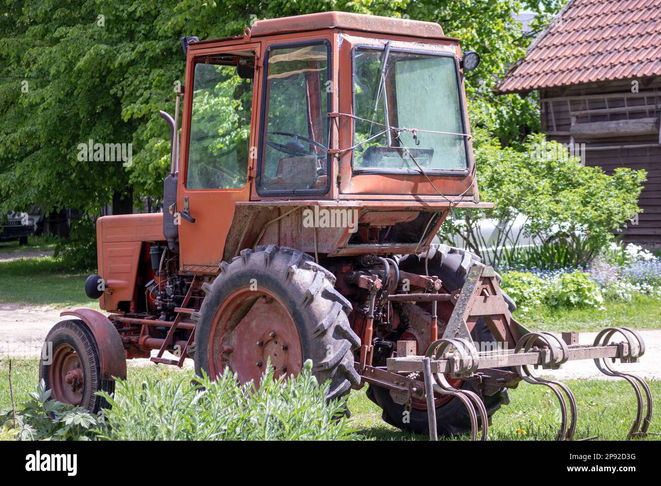 Alter Landwirtschaftstraktor in Orange auf grünem Gartenhintergrund Stockfoto