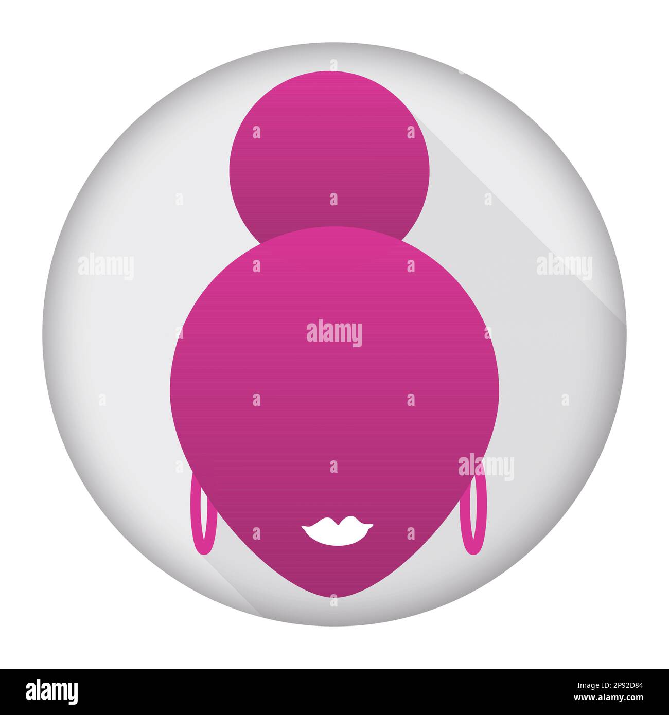 Frauenkopf mit Brötchenhaar, Ohrringen und Lippen über rundem Knopf. Design mit Farbverlauf und langen Schatten. Stock Vektor