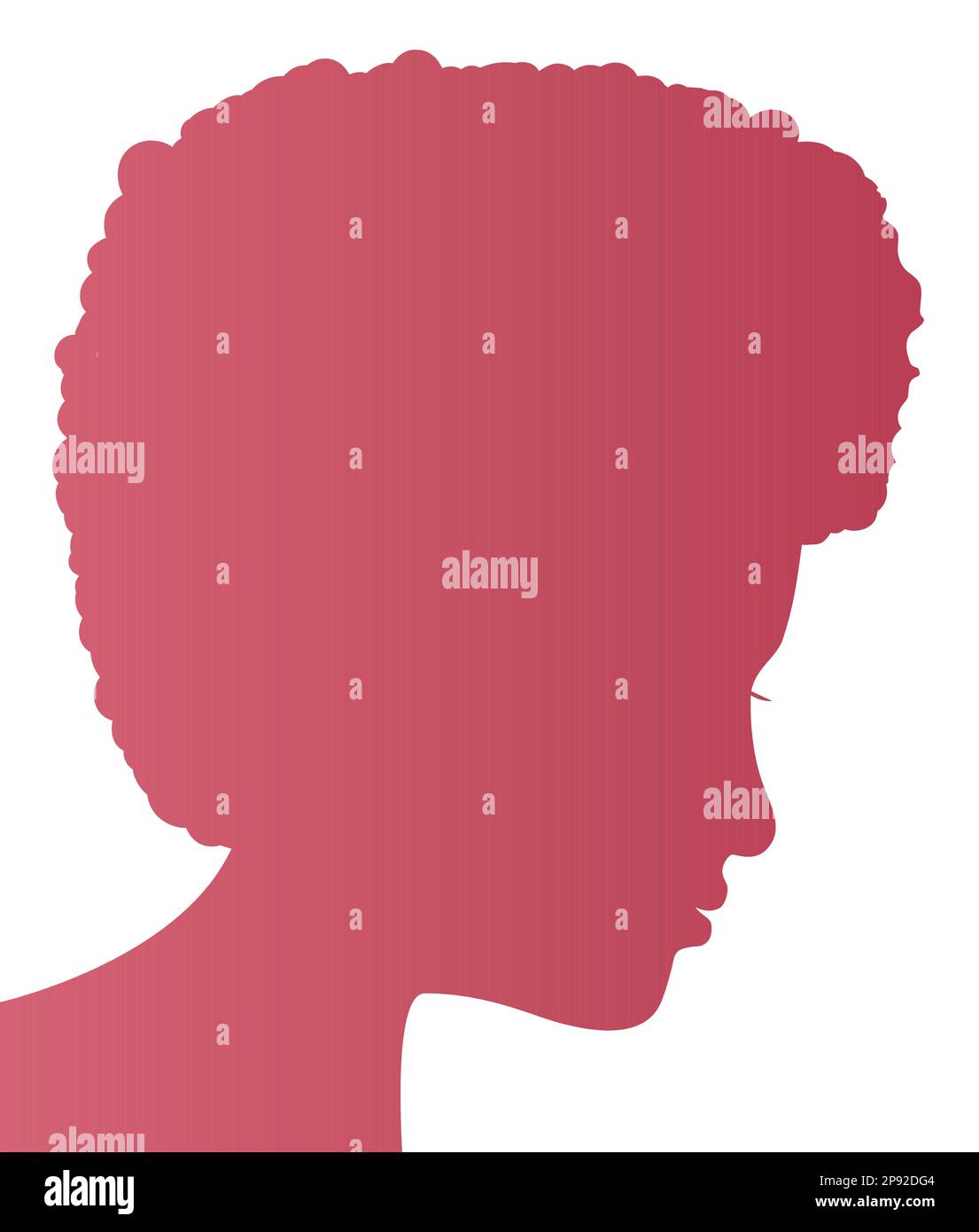 Silhouette einer Afrikanerin mit lockiger Afro-Frisur und heiterer Geste. Rosafarbener Verlauf auf weißem Hintergrund. Stock Vektor