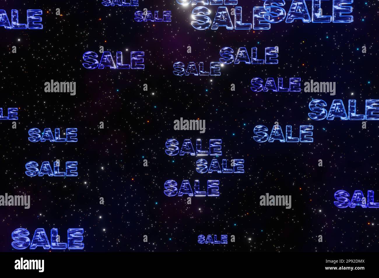 Blue Words Verkauf im Cyber-Punk-Hintergrund-3D-Rendering im Weltraum. Rabatt fällt zufriedenstellend. Großer Sale, Rabatt, Black friday, Einkaufszentrum oder demnächst verfügbar Stockfoto