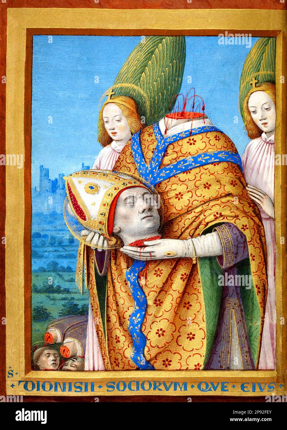 Jehan Bourdichon (französischer Maler und Manuskript-Illuminator) - St. Denis, der nach seiner Hinrichtung mit dem Kopf in den Händen spaziert Stockfoto