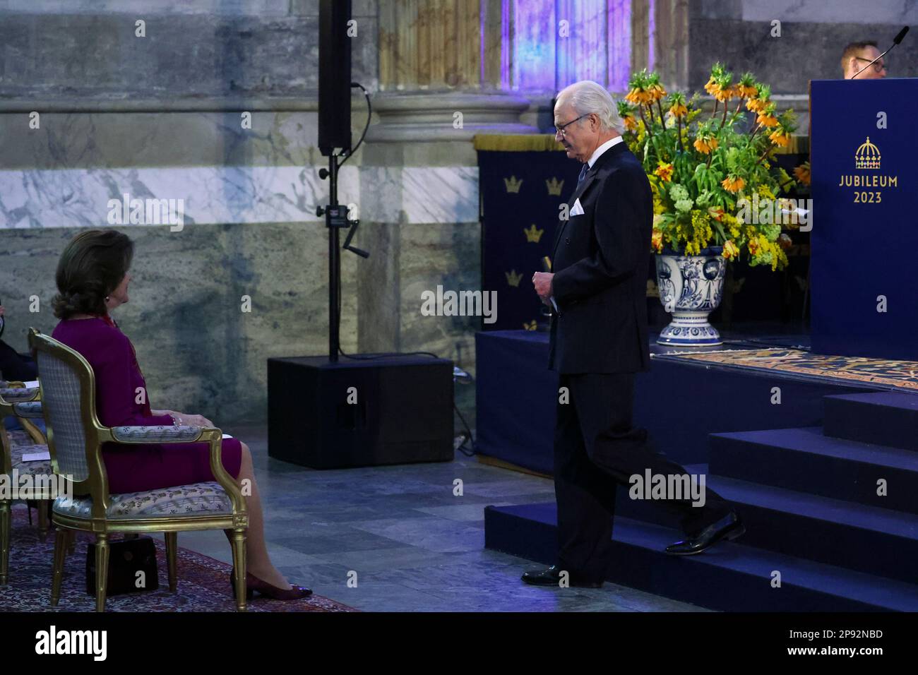 STOCKHOLM 20230310King Carl XVI Gustaf zur Eröffnung der Ausstellung "Vasa to Bernadotte - Kultur im Dienste des Königreichs 1523–1973–2023" im Königlichen Palast in Stockholm, Schweden, 10. März 2023. Foto: Ali Lorestani / TT / code11950 Stockfoto