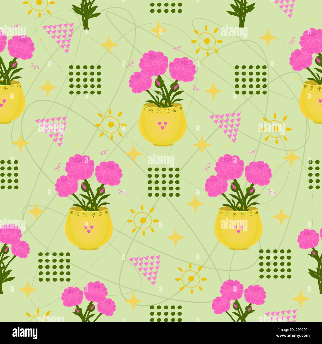 Leuchtende Pfingstrosen, nahtloses Muster mit abstrakten Elementen Stock Vektor