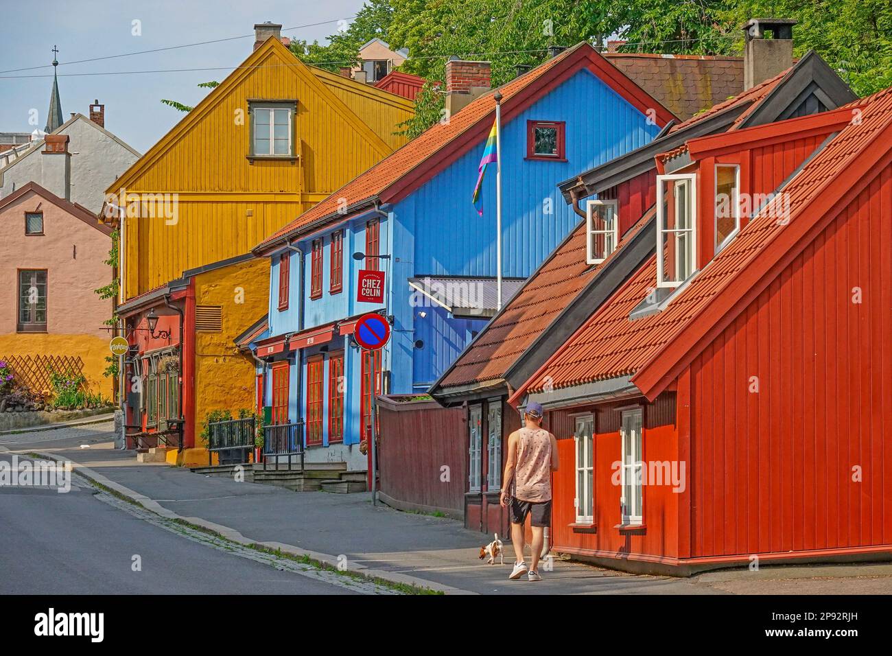 Norwegen, Oslo, die skurrilen Holzhäuser aus dem 18. Jahrhundert im Damstredet-Viertel und das nahe gelegene Telthusbakken sind eine nette Abwechslung vom modernen A Stockfoto