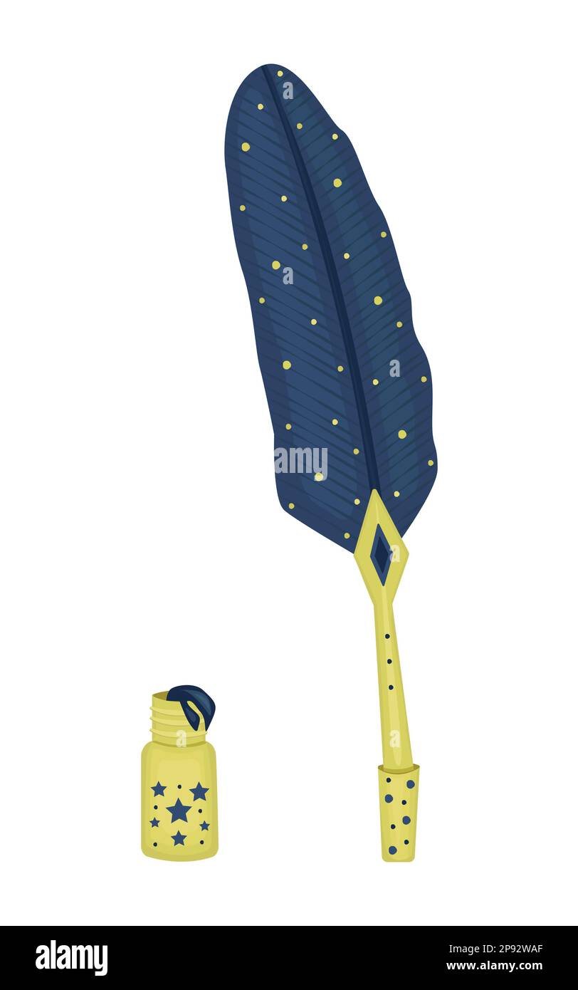 Federstift und Tintenflasche, Abbildung in blau und gelb Stock Vektor