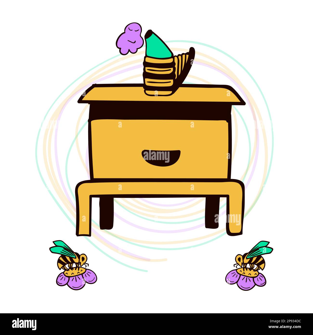Zusammensetzung von Bienenstock, Raucher und Bienen auf Blumen Stock Vektor