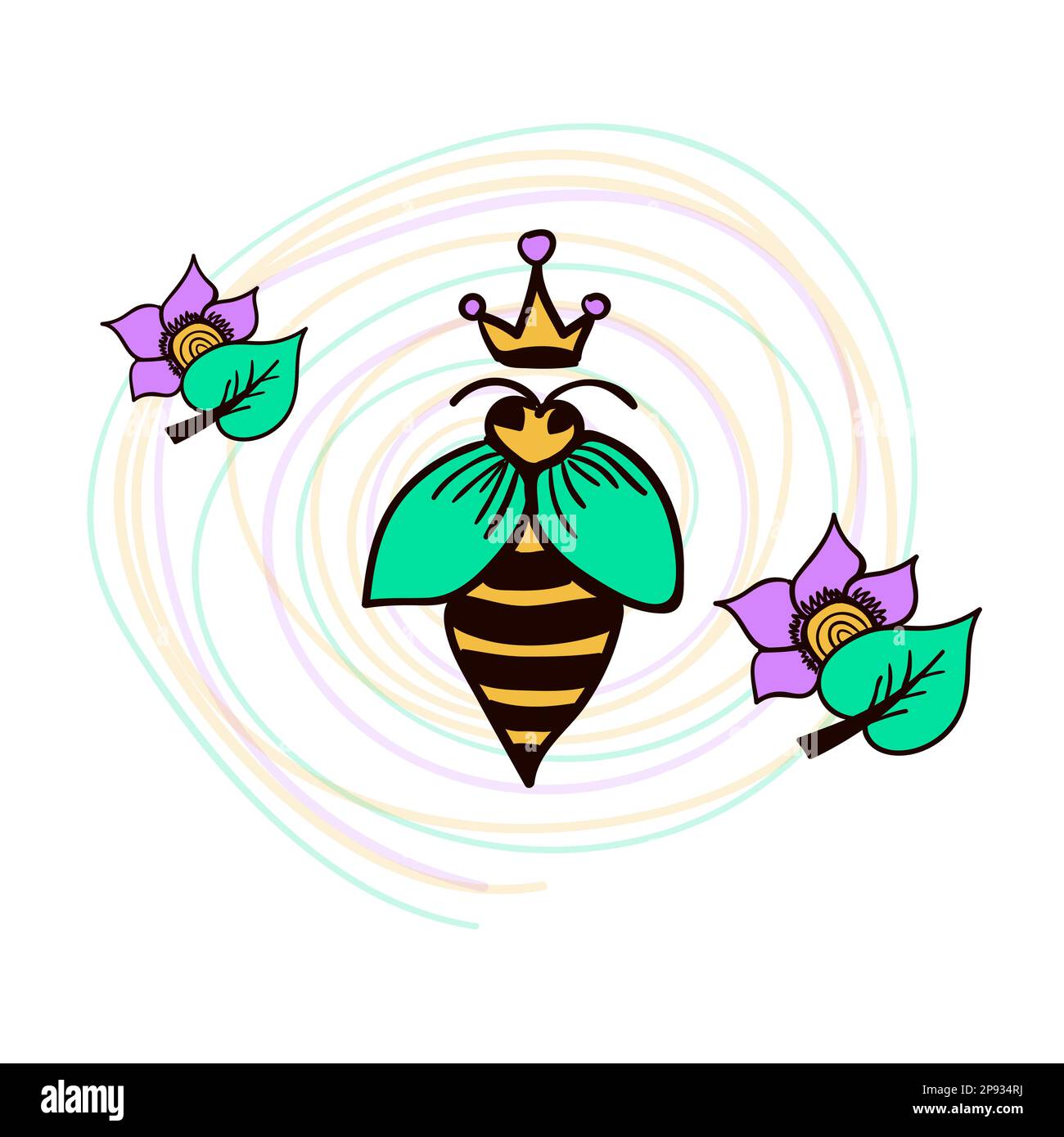 Bienenkönigin, Blumen und Blätter. Farbenfrohe Zusammensetzung von Imkereielementen Stock Vektor