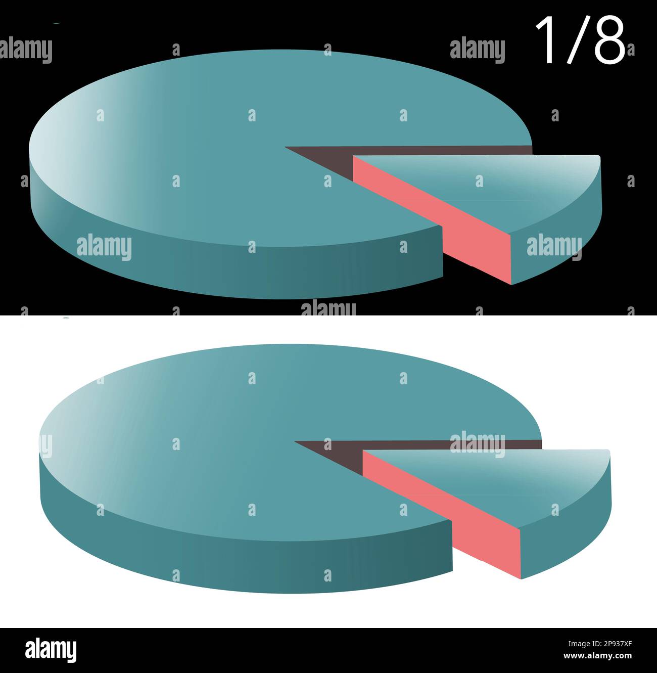 Hier sehen Sie ein Kreisdiagramm, in dem ein Segment des Kreisdiagramms dargestellt wird, das ein Achtel (1/8.) des Kreisdiagramms darstellt. Dies ist eine isolierte 3D-Abbildung Stockfoto