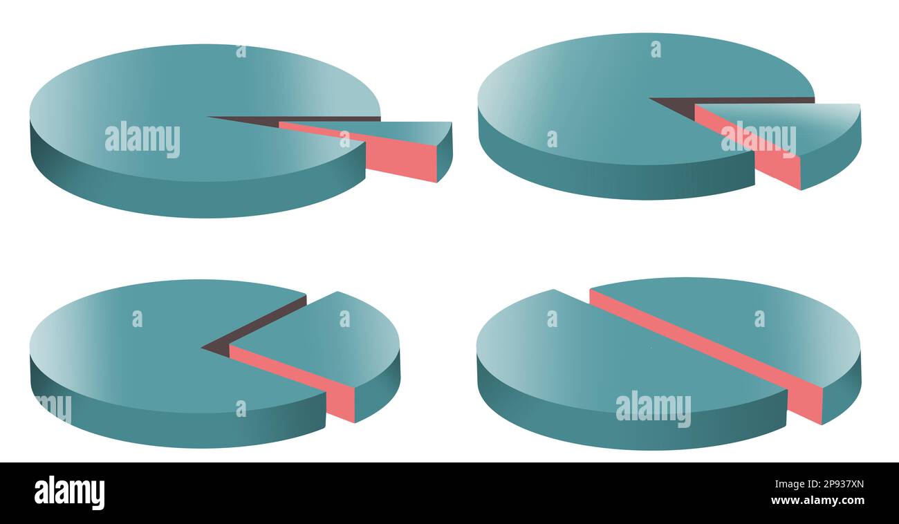 Hier finden Sie eine Auswahl an Tortendiagrammen, in denen die Tortensegmente ein Sechzehntel, ein Achtel, ein Viertel und eine Hälfte des Tortendiagramms enthalten sind. Das ist numerisch Stockfoto