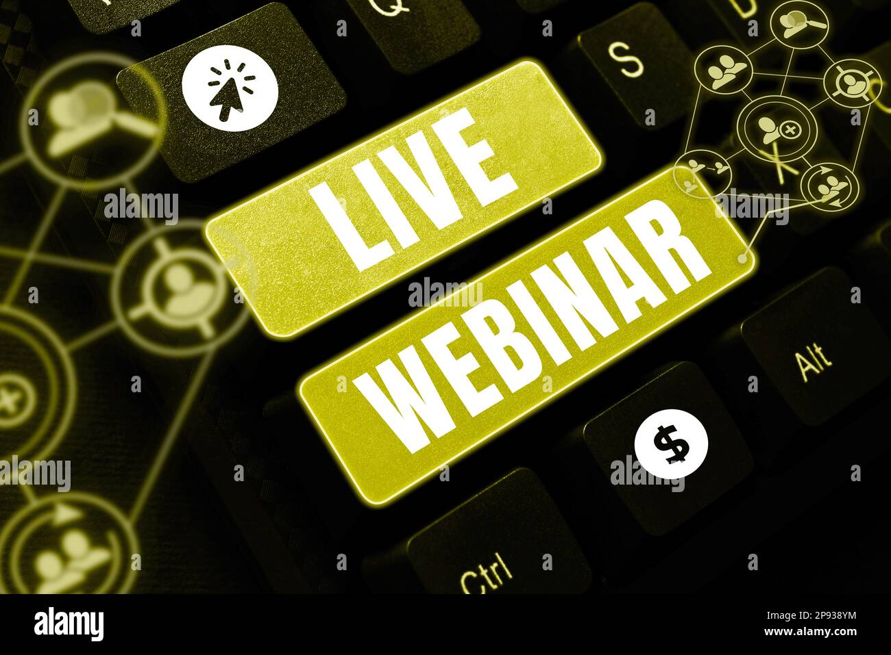 Schild mit Anzeige des Live-Webinars. Wort, das auf interaktivem Seminar geschrieben wurde und in Echtzeit über das Internet übertragen wird Stockfoto
