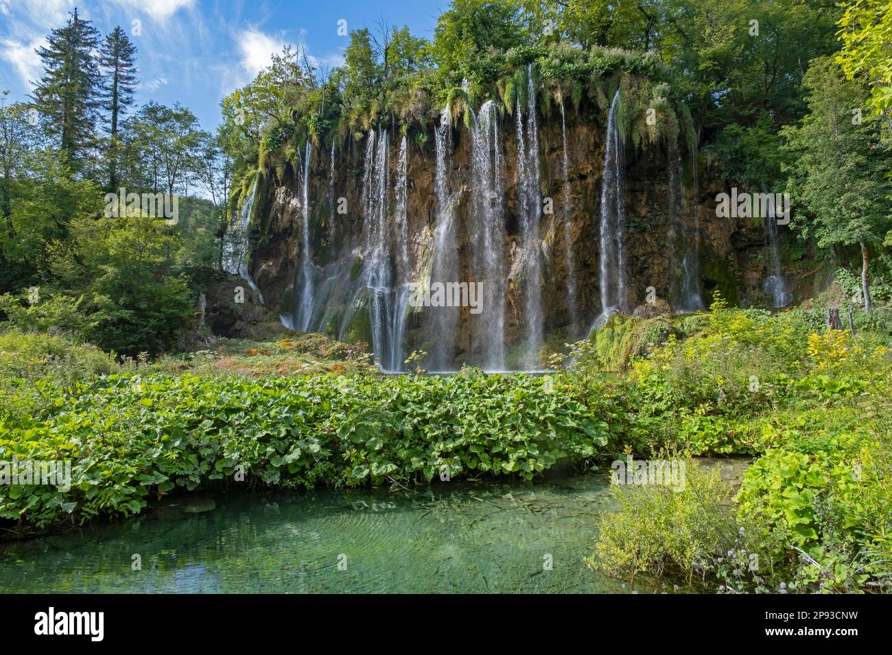 Wasserfall und grüner Tufa-See im Nationalpark Plitvicer Seen / Nacionalni-Park Plitvička Jezera im Kreis Lika-Senj, Kroatien Stockfoto