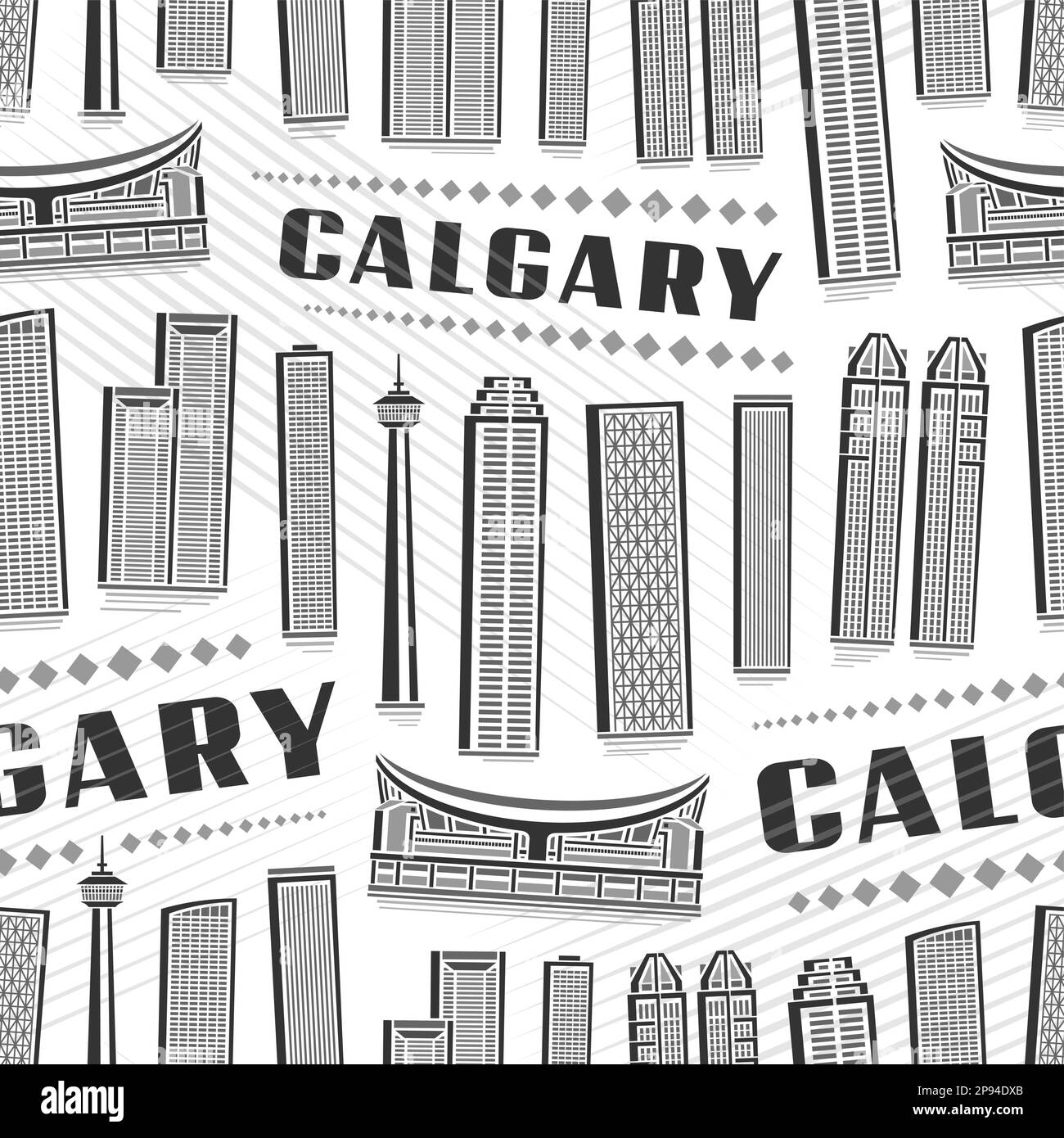 Vector Calgary Seamless Pattern, sich wiederholender Hintergrund mit Illustration der berühmten calgary Stadtlandschaft auf weißem Hintergrund für Geschenkpapier, Monochrom Stock Vektor