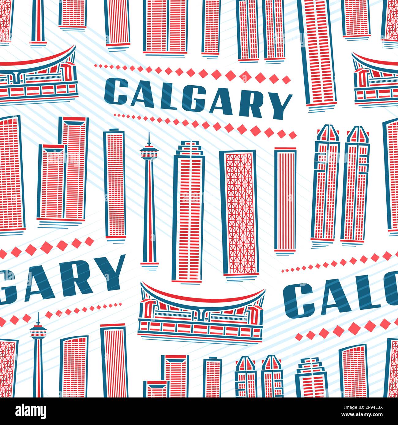 Vector Calgary Nahtloses Muster, quadratischer, sich wiederholender Hintergrund mit Illustration der modernen calgary Stadtlandschaft auf weißem Hintergrund für Geschenkpapier, de Stock Vektor