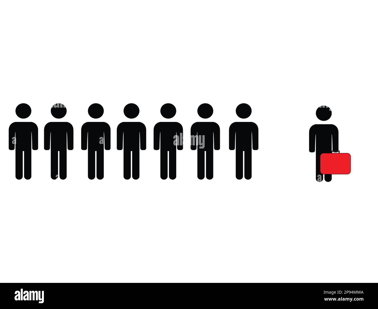 Silhouette einer Person mit rotem Gepäck und Silhouetten von sieben Personen ohne Stock Vektor