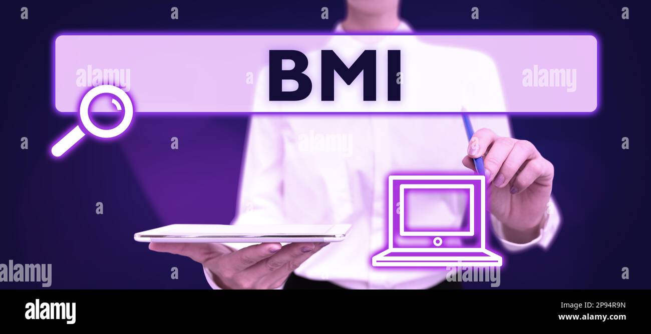 Schild mit BMI. Internet Concept Methode zur Bestimmung des Körperfettgehaltes auf Gewichts- und Grössenbasis Stockfoto