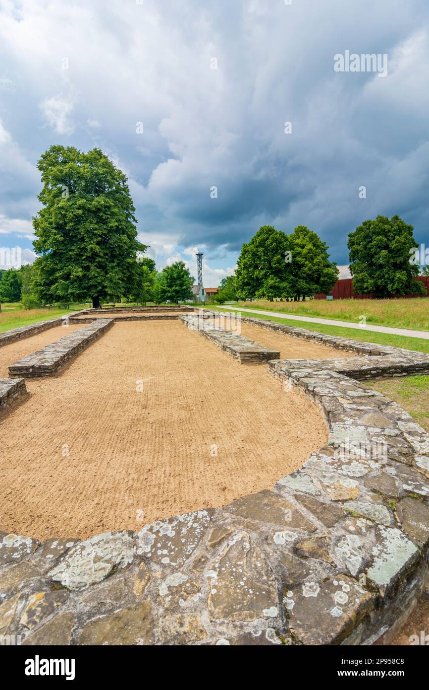 Mikulcice (Mikultschitz), Mikulcice-Valy archäologische Stätte und Museum mit Überresten eines bedeutenden slawischen gords aus der Zeit des Großmährischen Reiches in Jihomoravsky, Südmähren, Tschechien Stockfoto