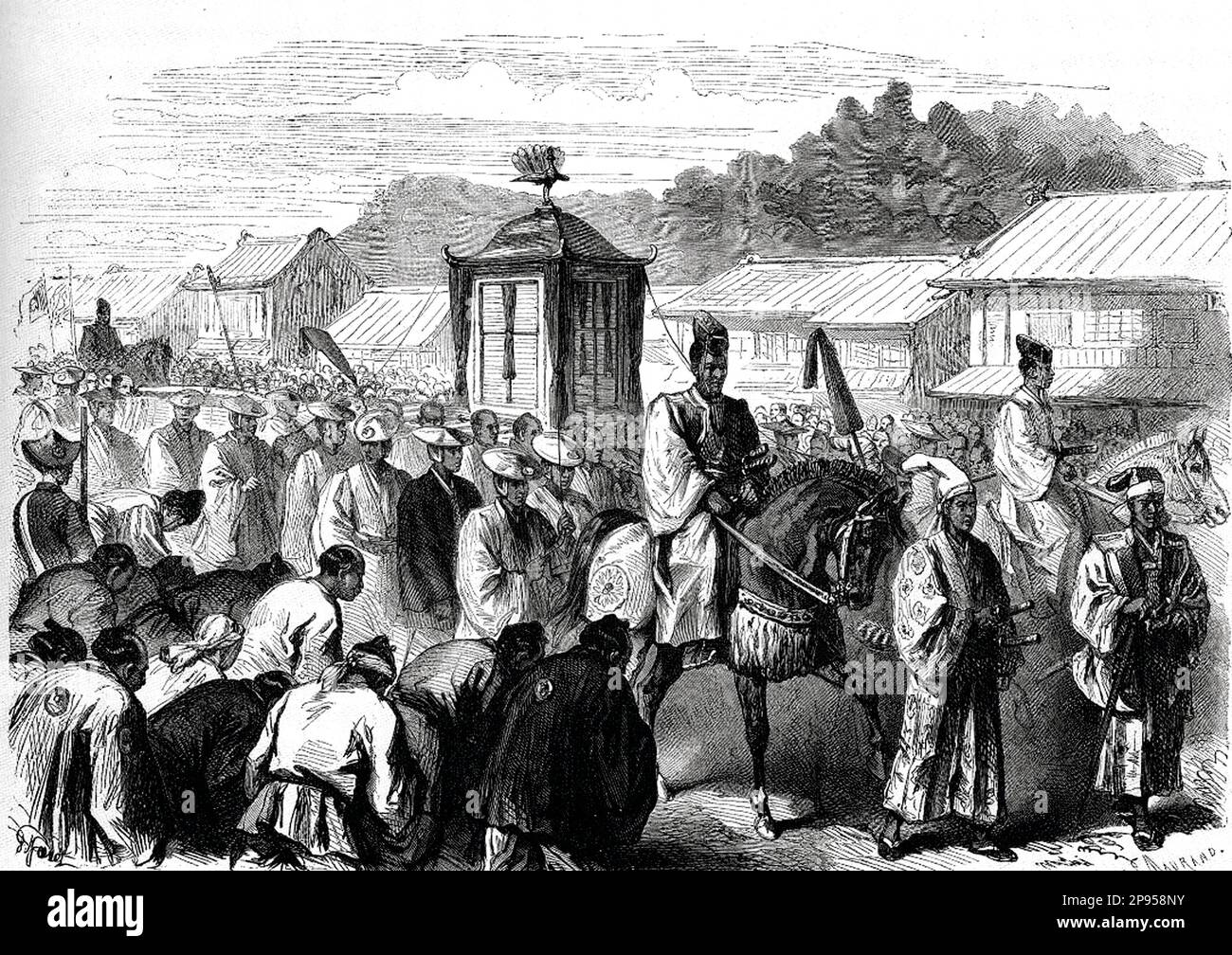 1869 , JAPAN : der Kaiser von Japan MUTSUHITO ( Kaiser Meiji , 1852 - 1912 ) war der 122. Kaiser von Japan nach der traditionellen Erbfolge , die vom 3 . Februar 1867 bis zu seinem Tod regierte . Illustration von Maurand: Der Meiji-Kaiser zieht von Kyoto nach Tokio. Von:' Le Monde Illustre', 20. Februar 1869 . - REALI - nobiltà - ADEL - KÖNIGE - GESCHICHTE - FOTO STORICHE - GIAPPONE - Imperatore - Incisione - Gravur --- Archivio GBB Stockfoto