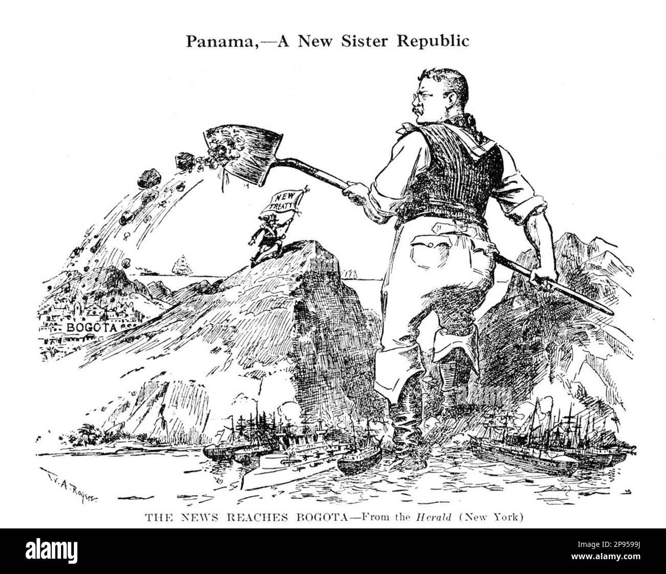1903 , USA : die USA Präsident Theodore ( Teddy ) ROOSEVELT , Jr. ( 1858 - 1919 ) in einem Cartoon : Roosevelt baut den Kanal von PANAMA . - Und schaufelt Dreck über Kolumbien - Presidente della Repubblica - USA - Ritratto - Portrait - Karikatur - Caricatura - illustrazione - Illustration - VEREINIGTE STAATEN --- Archivio GBB Stockfoto