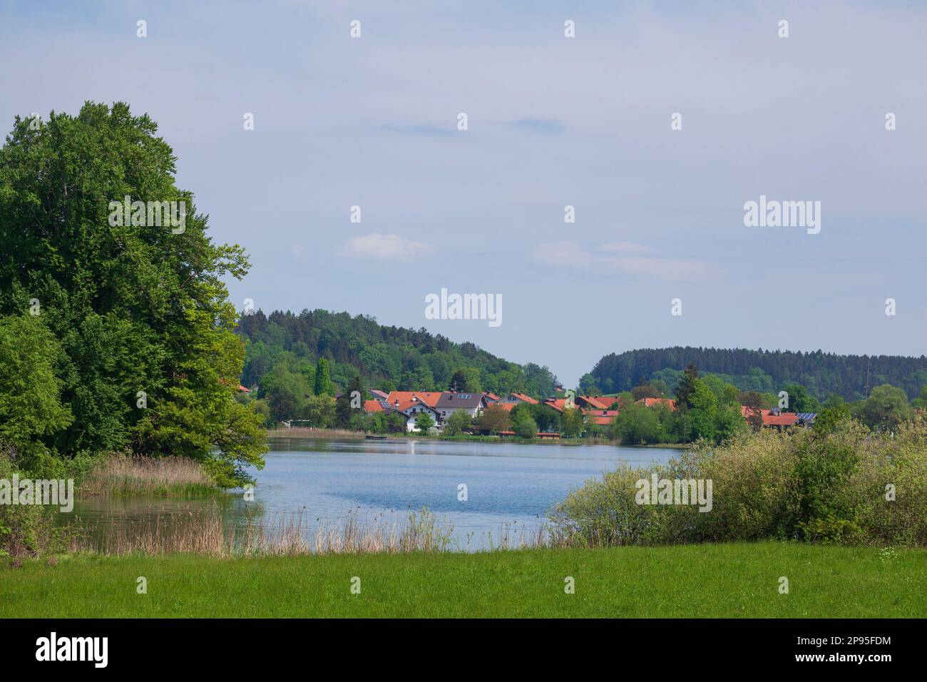 Häuser und See, Seeon-Seebruck, Chiemgau, Oberbayern, Bayern, Deutschland, Europa Stockfoto
