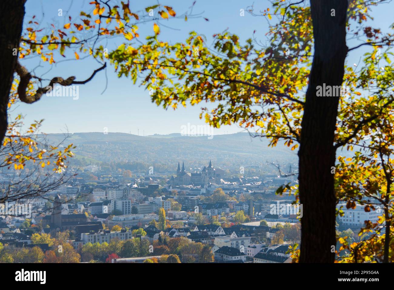 Sehen Sie die farbenfrohen Herbstblätter von Trier mit seinen berühmten Gebäuden wie der Basilika und der Kathedrale. Stockfoto