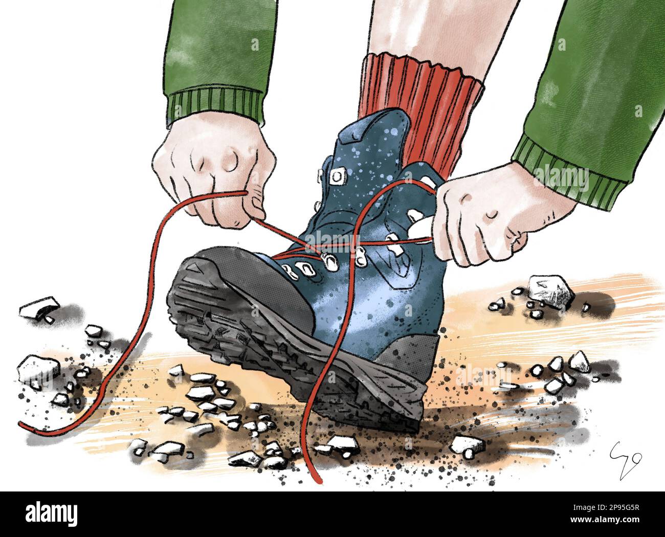 Ein Mensch schnürt seine Laufschuhe. Farbzeichnung/Abbildung Stockfoto