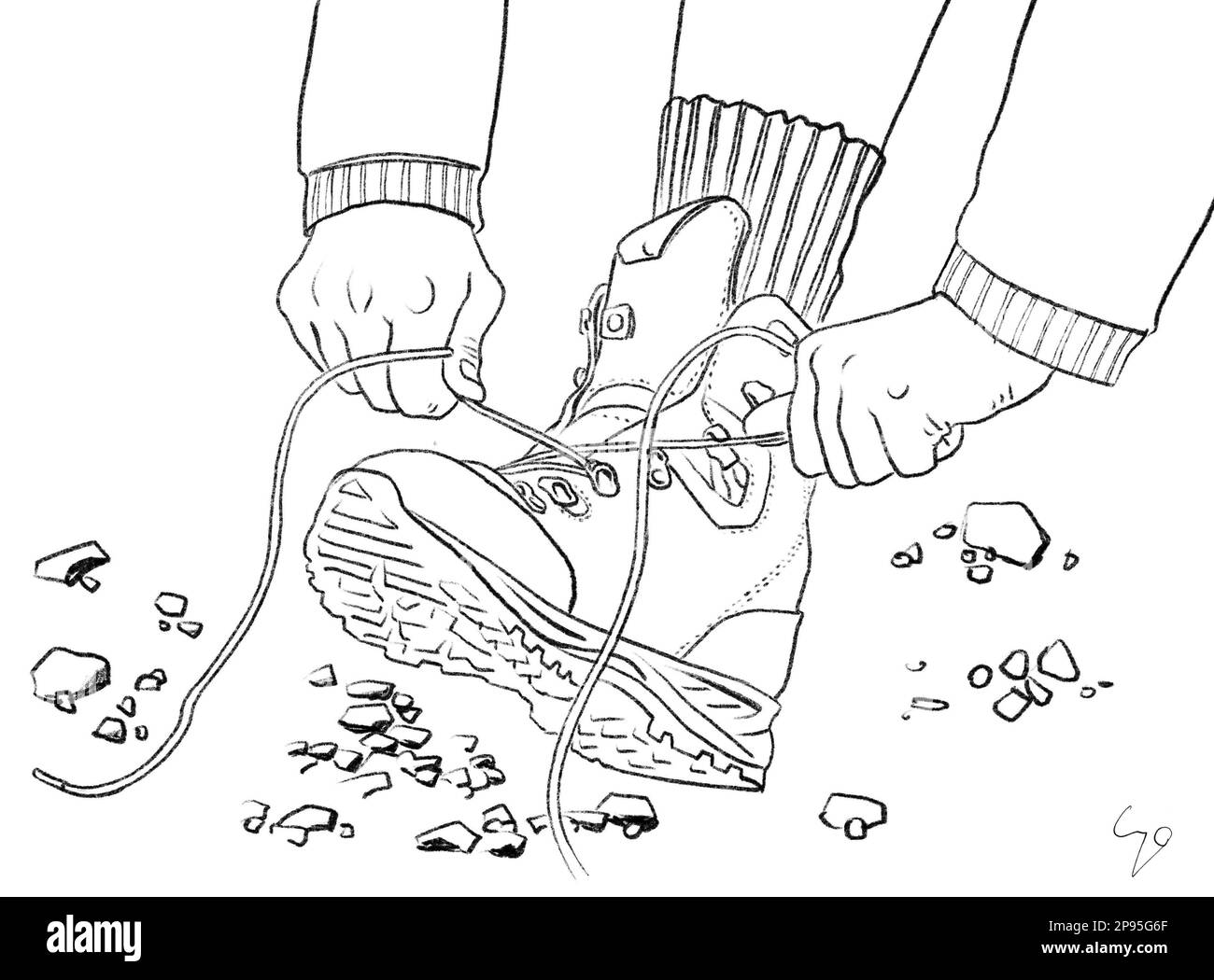Eine Person schnürt ihre Wanderschuhe an. Zeichnung/Abbildung: Schwarz – weiße Linie Stockfoto