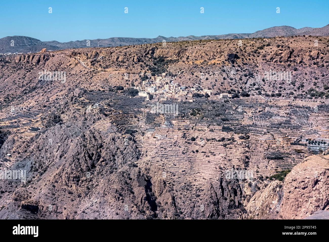 Terrassenförmige landwirtschaftliche Felder, Al Ain, Jebel Akhdar, Oman Stockfoto