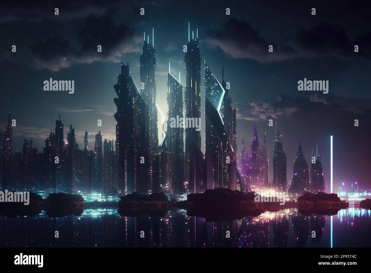 Skyline einer futuristischen Stadt mit großen Wolkenkratzern, die nachts beleuchtet werden. Stockfoto