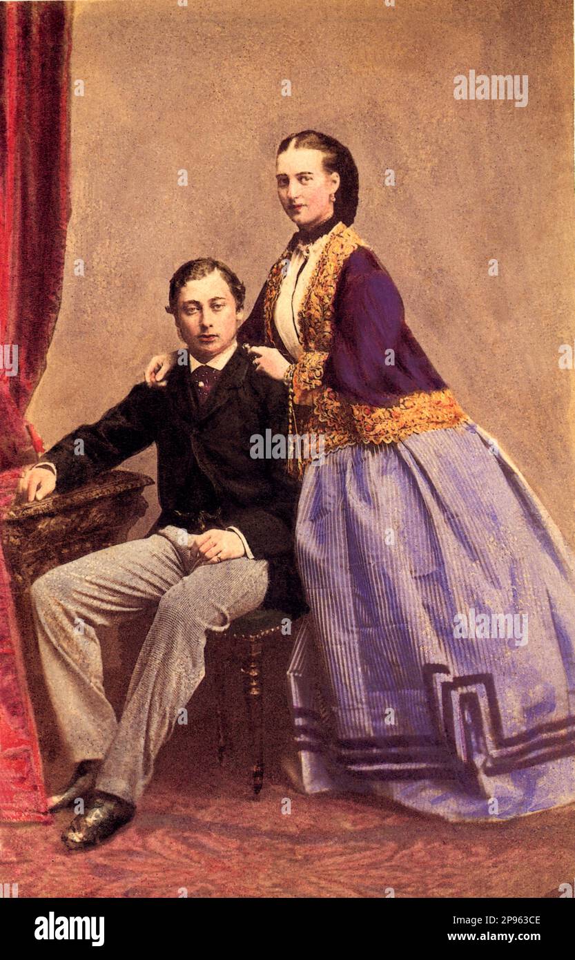 1870 c, GROSSBRITANNIEN : der künftige König EDWARD VII von England ( 1841 - 1910 , Prince of Wales ) mit Frau ALEXANDRA od DENMARK ( künftige Königin von England ). EDWARD war der Sohn von Königin Victoria und der Prinz-Gemahl Albert. Foto von Ghemar Freres , Brüssel , BELGIEN . - Haus WINDSOR - Haus Sachsen-Coburg-Gotha - ENGLAND - GROSSBRITANNIEN - Königshaus - nobili - Nobiltà - FAMIGLIA REALE - FAMILIE - Portrait - Rituto - FAMILIE - FAMIGLIA - Vittoria --- Archivio GBB Stockfoto