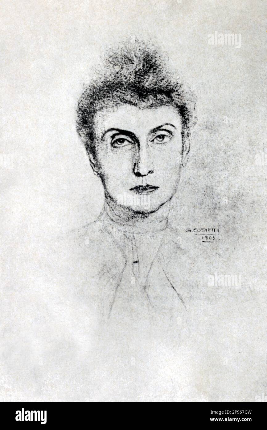 1905 , ITALIEN : die russische Violinistin OLGA DE LICHNIZKI ( 1878 - 1919 ) , verheiratet mit dem italienischen Schriftsteller und surrealistischen Dichter GIUSEPPE VANNICOLA ( 1876 - 1915 ) , Bleistiftporträt des Malers GIOVANNI COSTETTI ( 1874 - 1949 ) . Kunstwerke für das Buch DE PROFUNDIS CLAMAVI AD TE von Vannicola. - SCRITTORE - LETTERATURA - LITERATUR - letterato - POETA - POESIA - POESIE - POESIE - Portrait - ritratto - artista maledetto - SURREALISTA - SURREALISMO - Bohemien - CAPRI - Violinista - Violinist - MUSICA CLASSICA - MUSIK - KLASSISCH - Violino - Lichnizo - Archivika - GBB Stockfoto