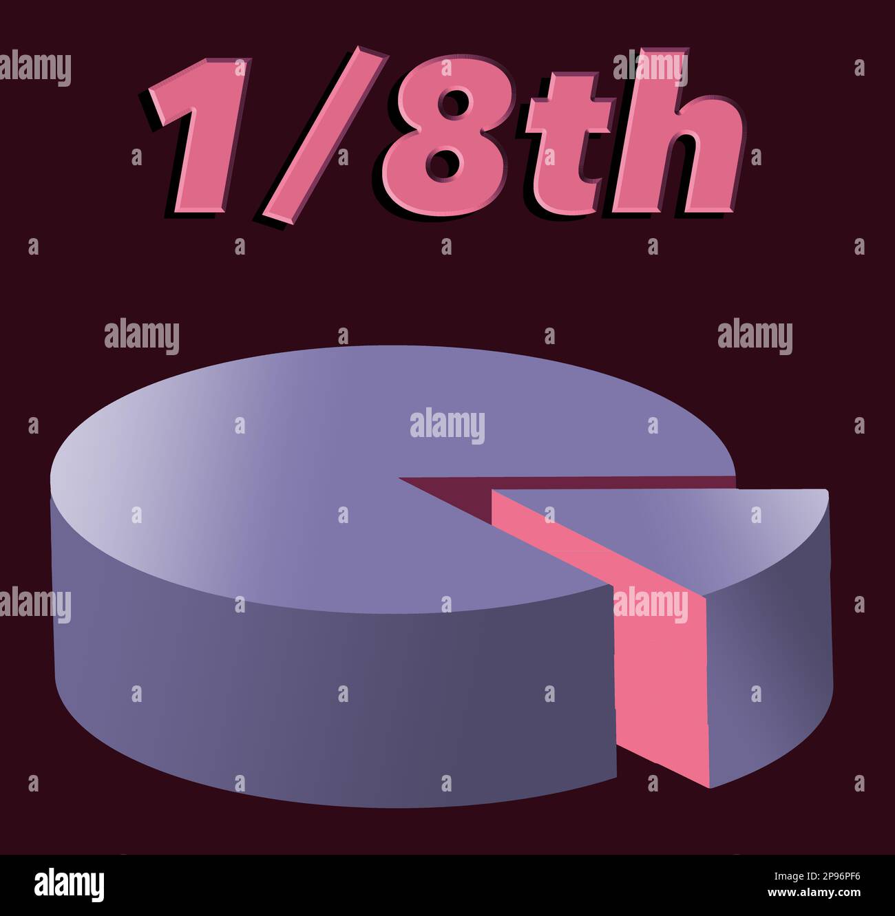 Hier sehen Sie ein Kreisdiagramm, in dem ein Segment des Kreisdiagramms dargestellt wird, das ein Achtel (1/8.) des Kreisdiagramms darstellt. Dies ist eine isolierte 3D-Abbildung Stockfoto