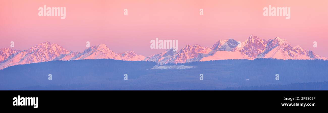 Panoramablick auf die hohe Tatra vor Sonnenaufgang. Stockfoto