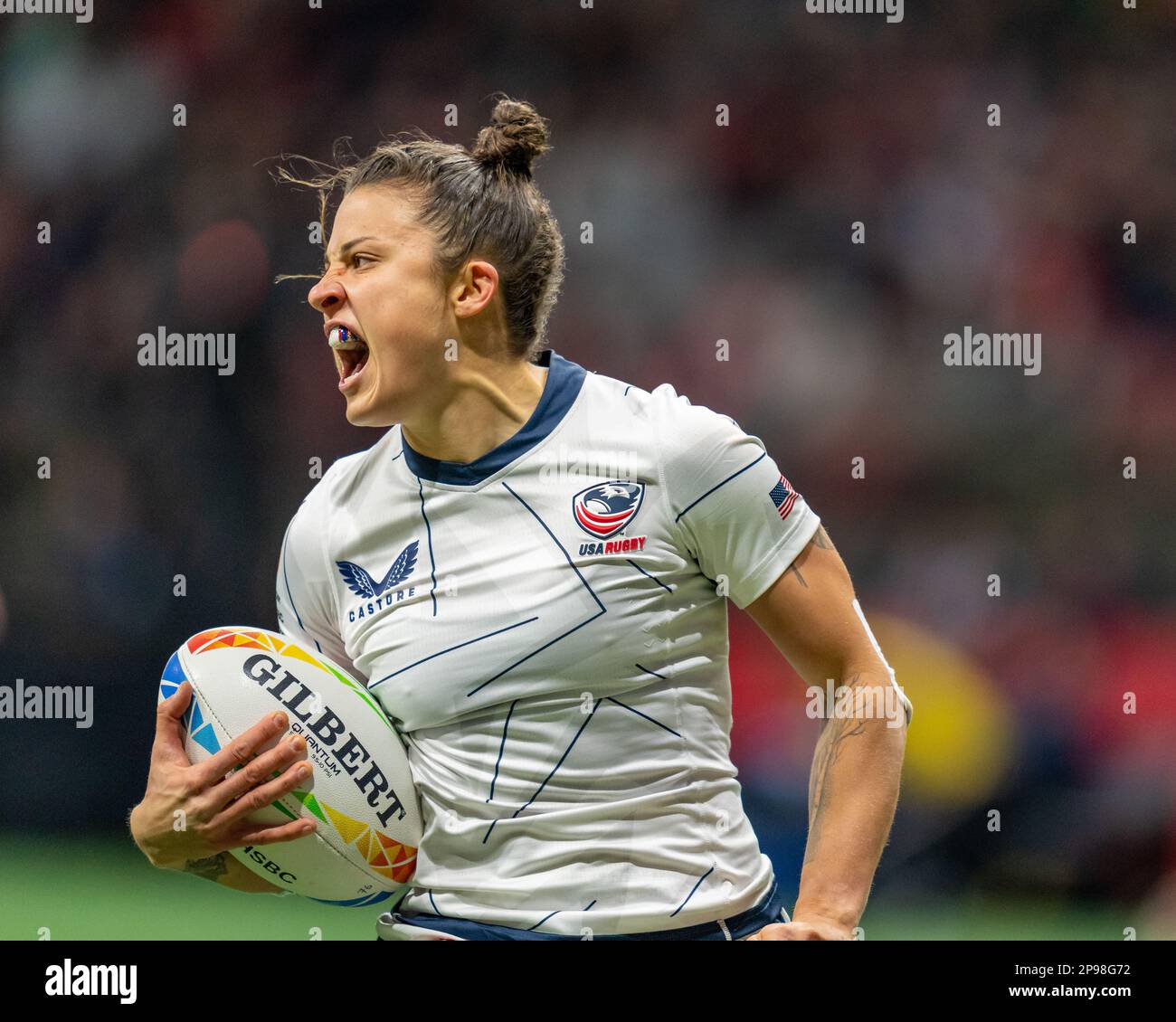 Vancouver, Kanada. 5. März 2023. Nicole Heavirland feiert nach einem Versuch bei HSBC Canada Sevens gegen Frankreich auf dem BC Place. Kredit: Joe Ng/Alam Stockfoto