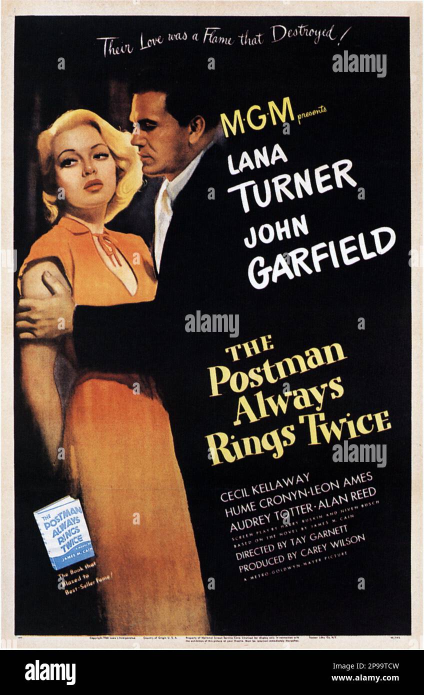 1946 : der FILM NOIR DER POSTBOTE KLINGELT IMMER ZWEIMAL ( Il postino suona sempre due volte ) von Tay Garnett mit LANA TURNER und John Garfield , Aus einem Roman von James M. Cain - FILM - KINO - Poster pubblicitario - Poster - Werbung - locandina - DIVA - DIVINA - GÖTTLICH - VAMP - FEMME FATAL - --- Archivio GBB Stockfoto